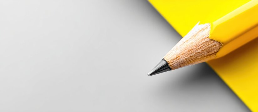 Close-up of a yellow pencil tip on a gray surface with a yellow object.