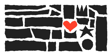 Jagged edge torn paper piece collage grunge cut out shapes vector illustration. Ripped paper abstract frame shape text box template collection.