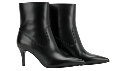 Pair of sleek, black leather ankle boots with pointed toes and stiletto heels, isolated