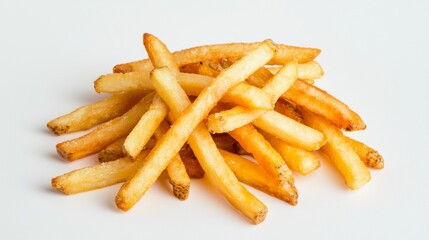 Delicious golden fries stacked on a white background, showcasing crispy texture and appetizing appeal for snack lovers