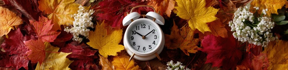 Naklejka premium White alarm clock placed on colorful autumn leaves, surrounded by delicate flowers, creating a cozy seasonal atmosphere, symbolizing the passage of time and the beauty of fall