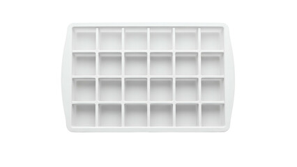 Overhead view of a square, white ice cube tray with 35 square compartments
