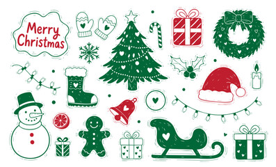 hand drawn merry Christmas December winder new year doodle illustrations
