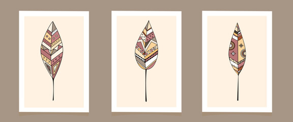 A set of 3 wall art, vector stylized feathers in the style of boho or Scandinavian design. Geometric ornament, in a warm palette with ethnic motifs. Contemporary art, poster, social networks, stories