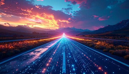 Data highway a road stretches toward sunset, lit with digital data streams under a vibrant sky