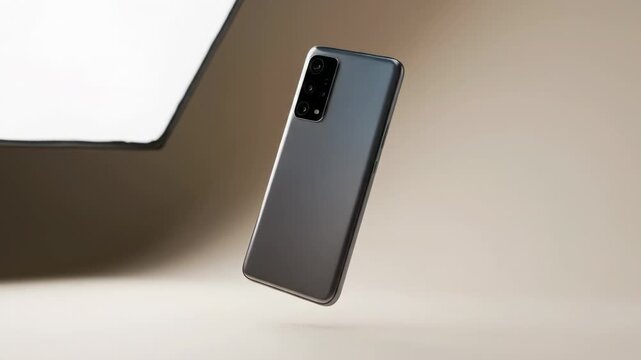 Floating black smartphone in soft beige minimal studio lighting
