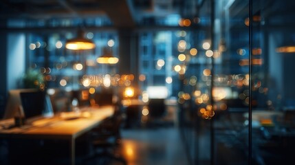 Obraz premium At night beautiful Abstract blurred office interior room blurry working space with defocused effect : Generative AI. High quality