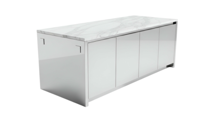 Modern white cabinet with marble countertop, stainless accents, and a minimal aesthetic