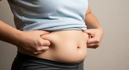 Woman pinching her belly fat. related to body image, weight gain and health concerns