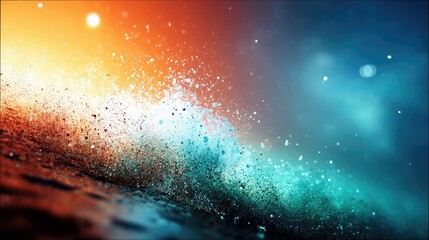 A dynamic abstract composition featuring a vibrant explosion of colorful particles, transitioning from warm orange and red hues to cool blue and teal, set again