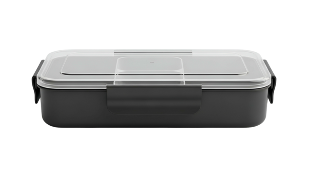 Sleek, rectangular lunch container, matte black body with clear lid, sealed with a latch