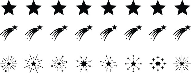 Set of minimal black star, shooting star, sparkle and burst icon symbols designed for decorative elements, ratings, celebrations and creative graphic design.