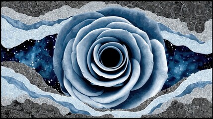 A large, detailed blue rose is centrally placed, surrounded by abstract, swirling patterns and a starry, dark blue cosmic background.