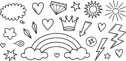 Hand-drawn doodle set of cheerful vector symbols: hearts, stars, rainbow, sun, crown, gems, lightning, and a thought bubble for kids projects.