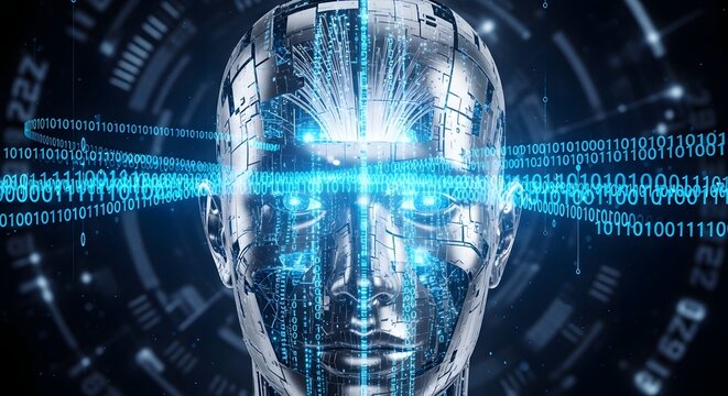 Artificial intelligence robot face futuristic technology ai digital transformation concept design