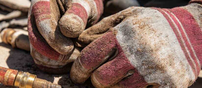 Close-up of dirty work gloves on a construction site.