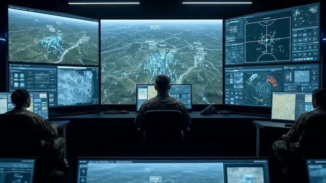 Surveillance Team Monitors Screens Analyzing Data in Command Center.