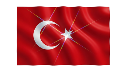 Waving red flag with a white crescent and star in the center, with light rays