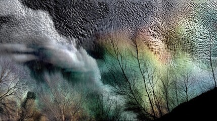 Bare tree branches are silhouetted against a textured, dark sky with a vibrant rainbow arc and swirling clouds, creating a dramatic and atmospheric scene.