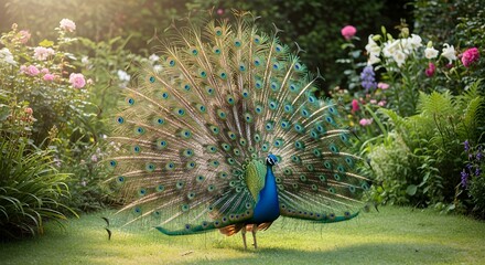 Obraz premium Beautiful peacock displaying feathers in garden setting nature wildlife bird photography image capture vibrant view