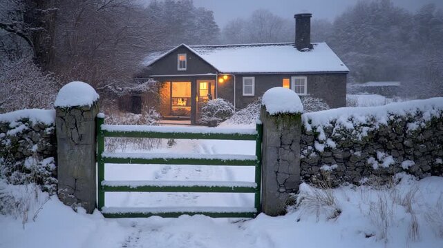 Charming traditional house nestled in a serene winter wonderland, viewed through a rustic stone wall and a green gate on a snowy evening