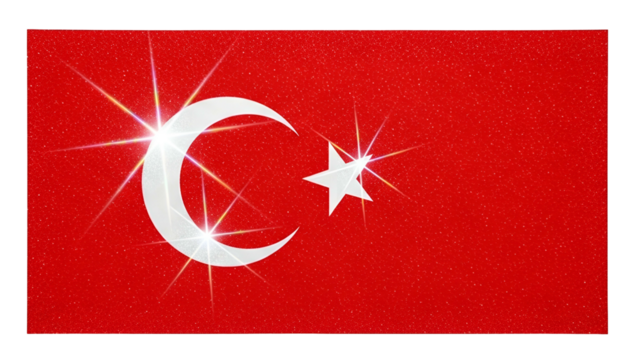 A bright red flag with a white crescent moon and star, both shining brightly