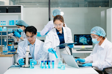 A scientific research team collaborating in a modern laboratory, conducting experiments, analyzing samples, and using advanced lab equipment