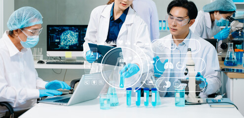 Laboratory team analyzing samples with digital science icons, biotech tools, and research equipment.