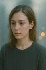 Young woman feeling loneliness looking at rainy window