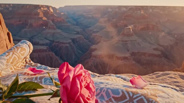 pink rose flower - A vibrant pink rose lies delicately on a patterned blanket, with petals scattered nearby, set against the breathtaking backdrop of the Grand Canyon at sunset