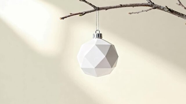 modern minimalist Christmas decor, a single stylish geometric ornament hanging from a branch