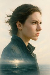 Woman's strong vision seeing future ocean journey