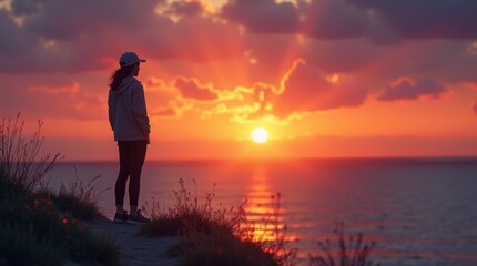Woman standing on a cliff overlooking the ocean at sunset with a bright orange and purple sky above her