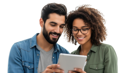 Couple looking at tablet together transparent background cutout png