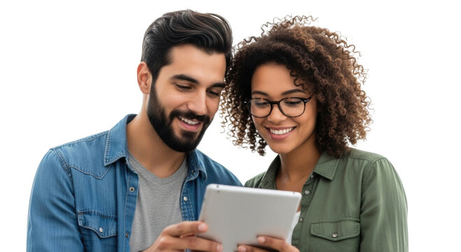 Couple looking at tablet together transparent background cutout png