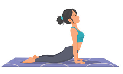Woman practicing yoga doing cobra pose on the mat