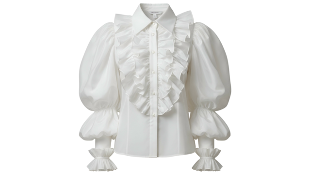 A pristine white blouse features a ruffled front, puffed sleeves, and buttoned cuffs