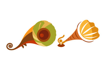 Stylized vintage gramophone horns with a spiral tail and a decorative bell shape on a black background