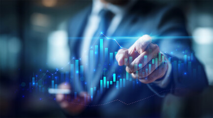 Businessman touching a glowing line graph overlaying a bar chart, symbolizing financial growth, excellent business performance, and rising market success.