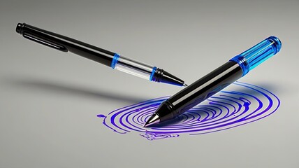 Elegant gel pens drawing vibrant blue concentric circles on white paper create a mesmerizing pattern ideal for creative projects and artistic pursuits, showcasing precision and fluidity