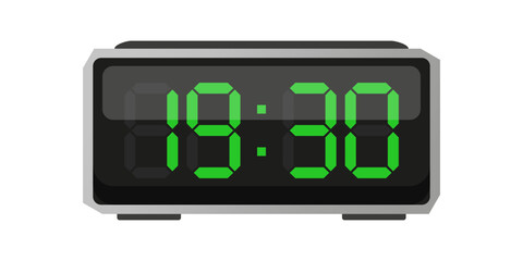 Digital alarm clock. Nineteen thirty time. Time 19 30. Green numbers vector. Electronic LED display.