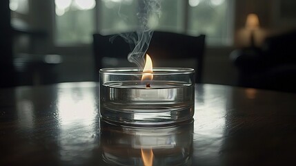 A close-up shot of a lit candle with a flame and smoke rising, floating in a glass holder filled with water, placed on a wooden table. The background is blurred