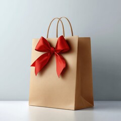 Elegant brown gift bag with red bow on clean surface