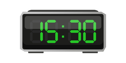 Digital alarm clock. Fifteen thirty time. Time 15 30. Green numbers vector