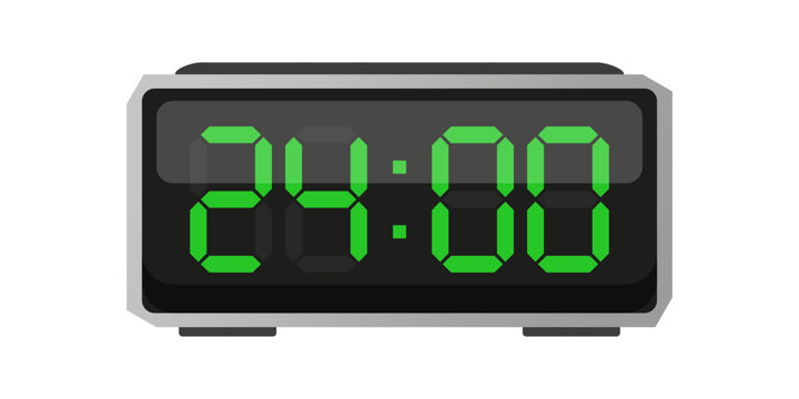 Digital alarm clock. Twenty four hours. Time 24 00. Green numbers vector.
