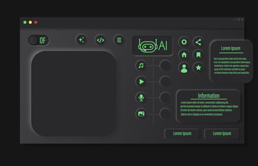 Minimalist dark mode AI dashboard design with glowing interface elements, futuristic control buttons, and modern technology layout. Perfect for digital design and innovation projects. Dark mode AI