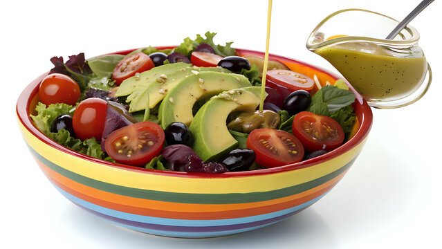 Colorful salad bowl with mixed greens, avocado, cherry tomatoes, olives, and vinaigrette drizzle