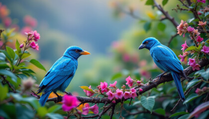 Naklejka premium Blue bird with orange beak perched on branch surrounded by vibrant pink flowers and green leaves in natural setting