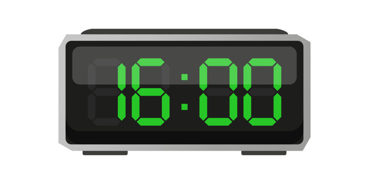 Digital alarm clock. Sixteen hours time. Time 16 00. Green numbers vector. Electronic LED display.