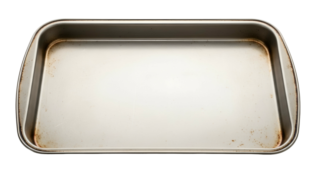 Rectangular, slightly tarnished metal baking pan, empty, with rounded corners and raised edges